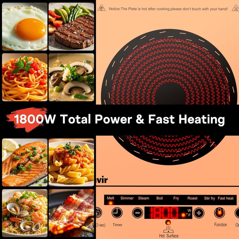Traenvir Single Burner Electric Cooktop, One Burner Ceramic Stove 1800W, Portable Electric Cooktop with Touch Control, Child Safety Lock, 4 Hour Timer, Overheat Protection, 110V-120V Plug in, Orange - Image 4